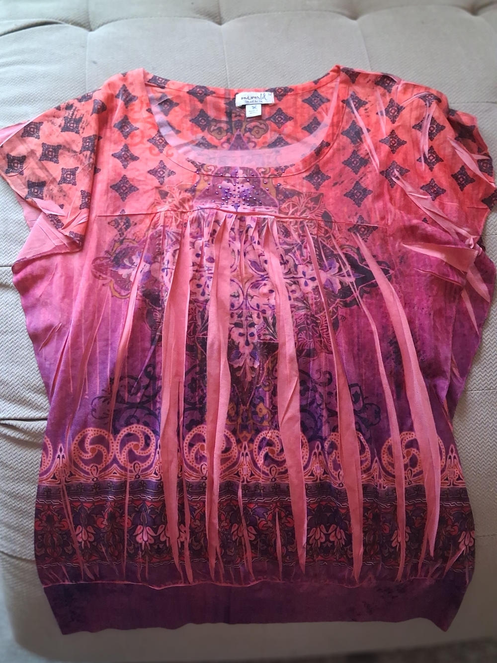 ONE WORLD Pink to Purple Ombre Pleated Decorative Print Top